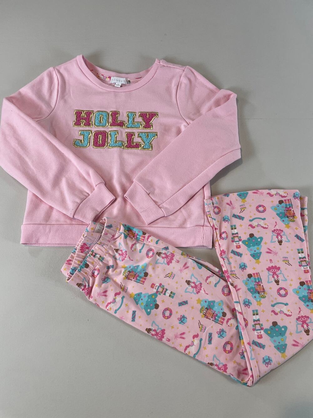 btween 2PC Outfit Girls 7 Pink Multicolor Holly Jolly Fleece